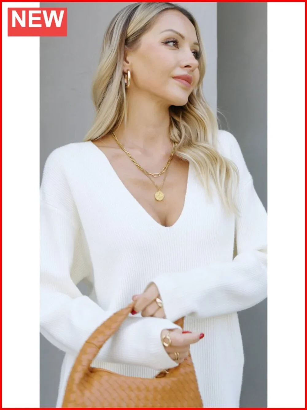 Imily Bela Womens Oversized Deep V Neck Sweater Waffle Knit Long Sleeve Tunic